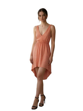 Poof! Deep V-Neck Striped Coral and White High Low Dress